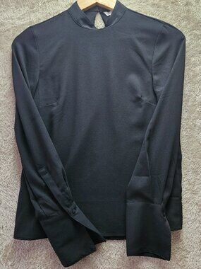 H&M Blouse Black Long-sleeve Mock-neck Shirt Buttoned Cuffs Women's Size 0